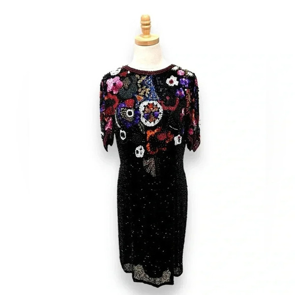 Vintage Retro 80's Silk Hand Beaded Sequin Black Niteline Evening Midi Dress 12 - Picture 2 of 13